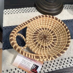 Artisan Woven Basket with Handle - Natural and Brown signed by artist